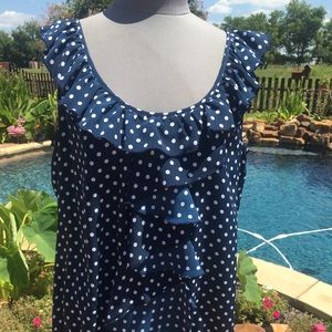Navy Blue ruffle polka-dot top. Size Large